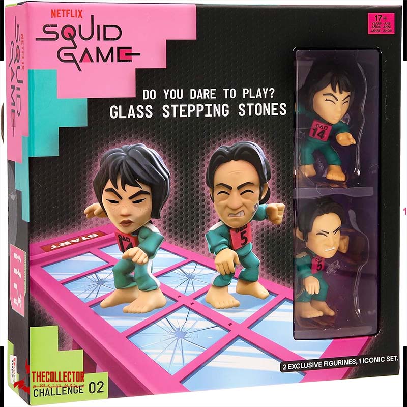 ست Squid Game Glass Tile Challenge از IMC Toys شامل مینیست و فیگور. الهام گرفته از پل شیشهای سریال نتفلیکس، مناسب بازی و کلکسیون.